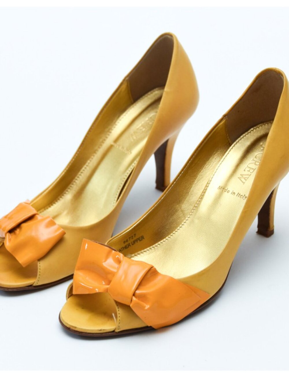 J.Crew Women’s Bow Yellow Leather Pumps Heels Peep Toe Italian Shoes - 7.5 M